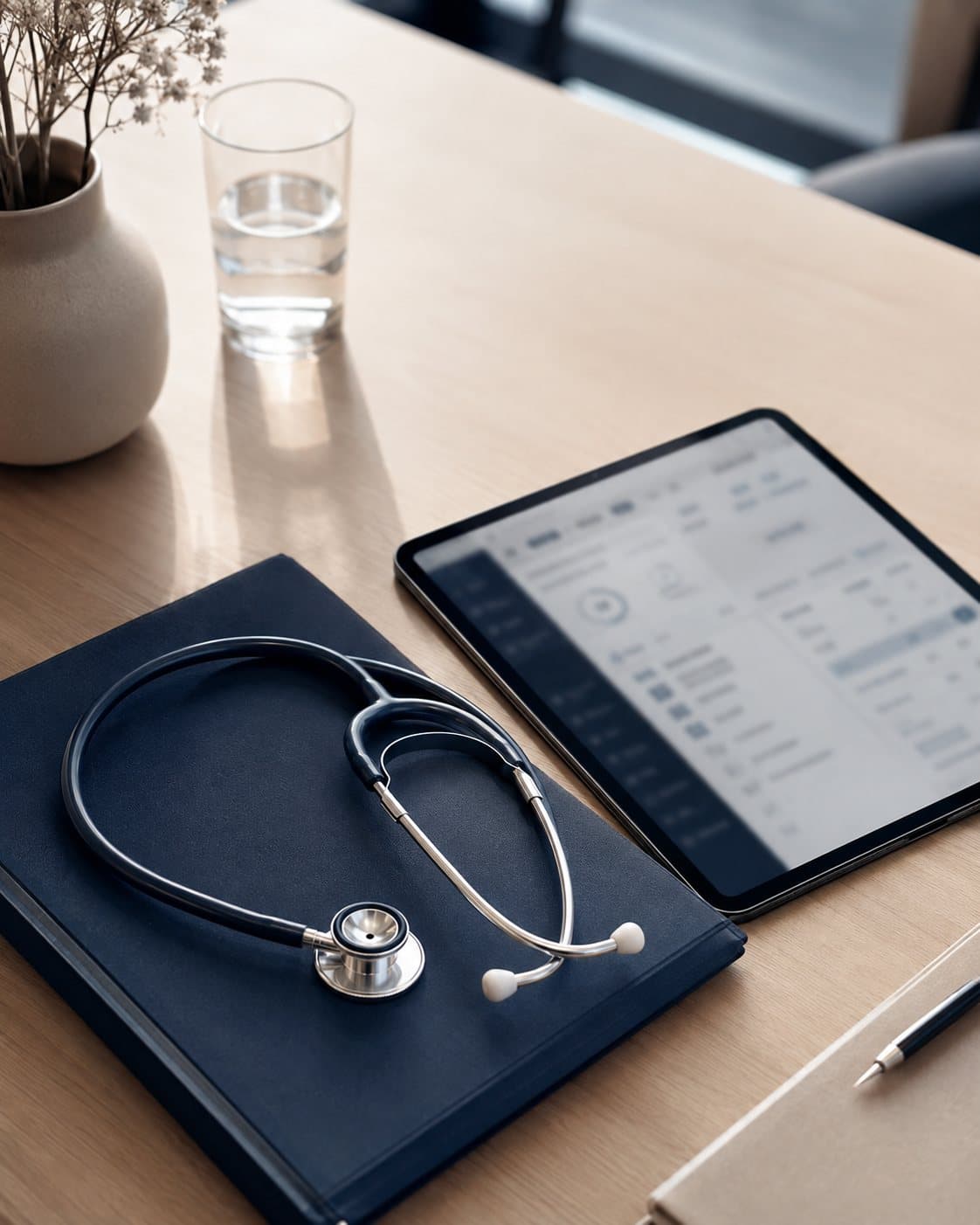 Stéthoscope posé sur un dossier médical à côté d'une tablette