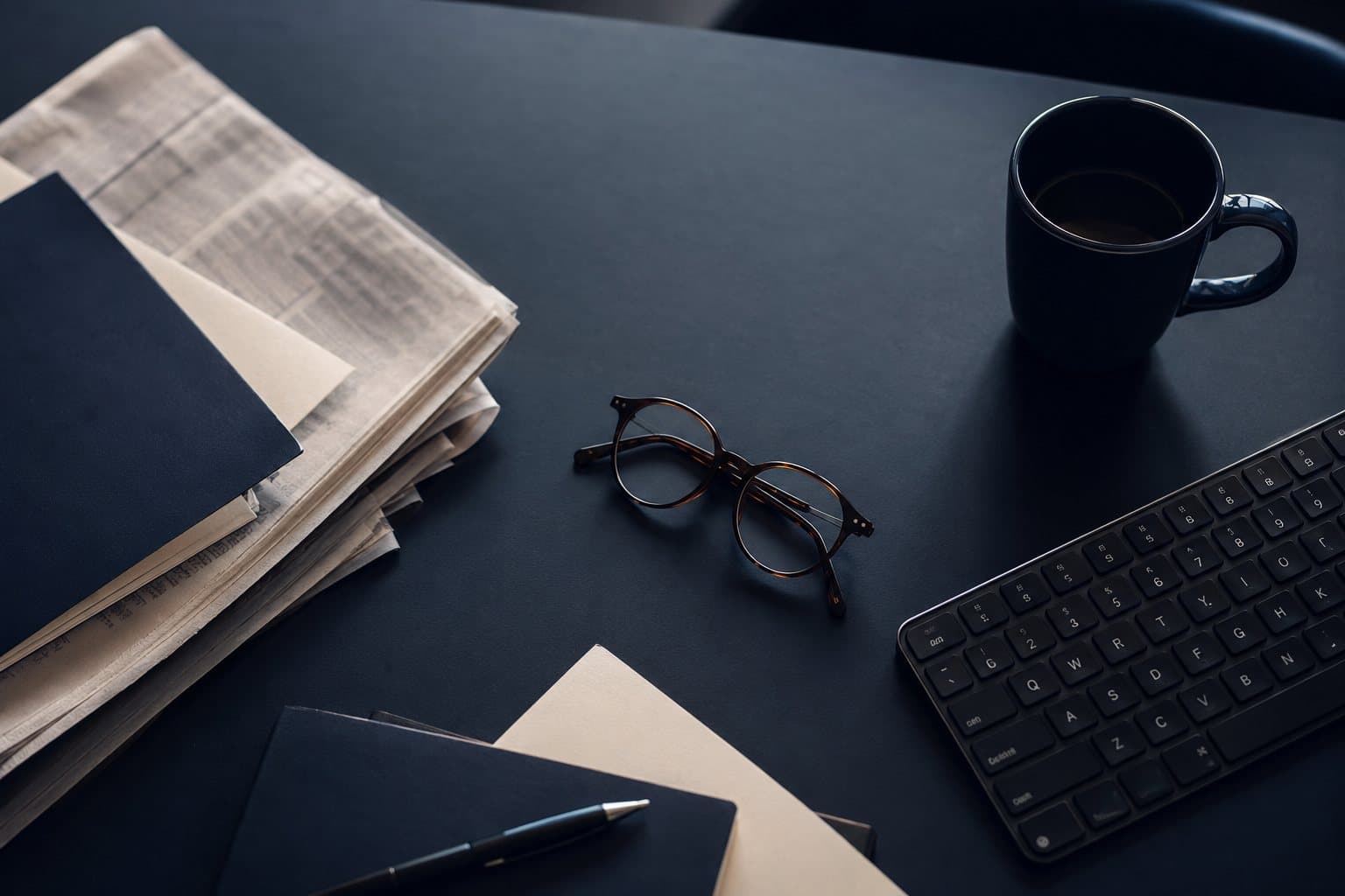 Bureau bleu nuit avec journaux, lunettes et clavier