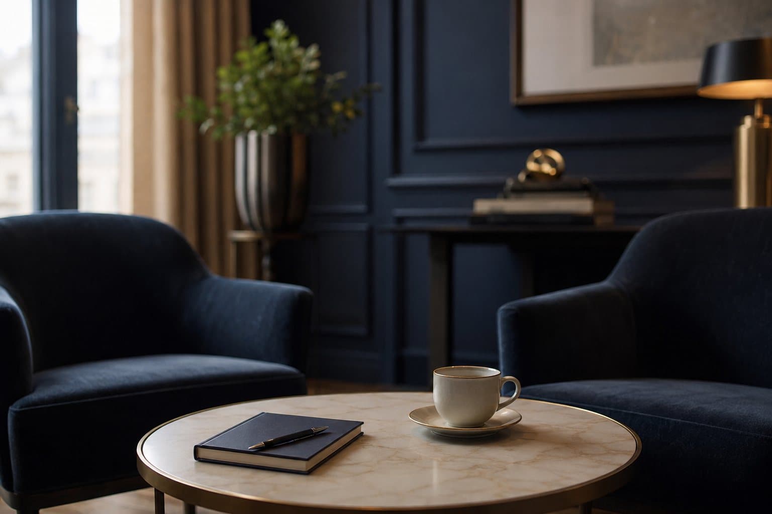 Deux fauteuils autour d'une table basse, prêts pour un premier échange