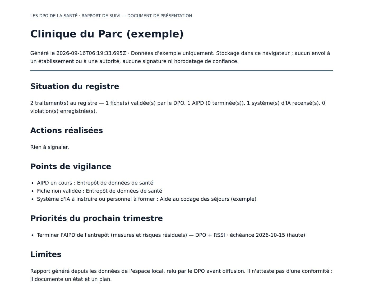Rapport de suivi généré : situation du registre, points de vigilance calculés, priorités du prochain trimestre, limites affichées