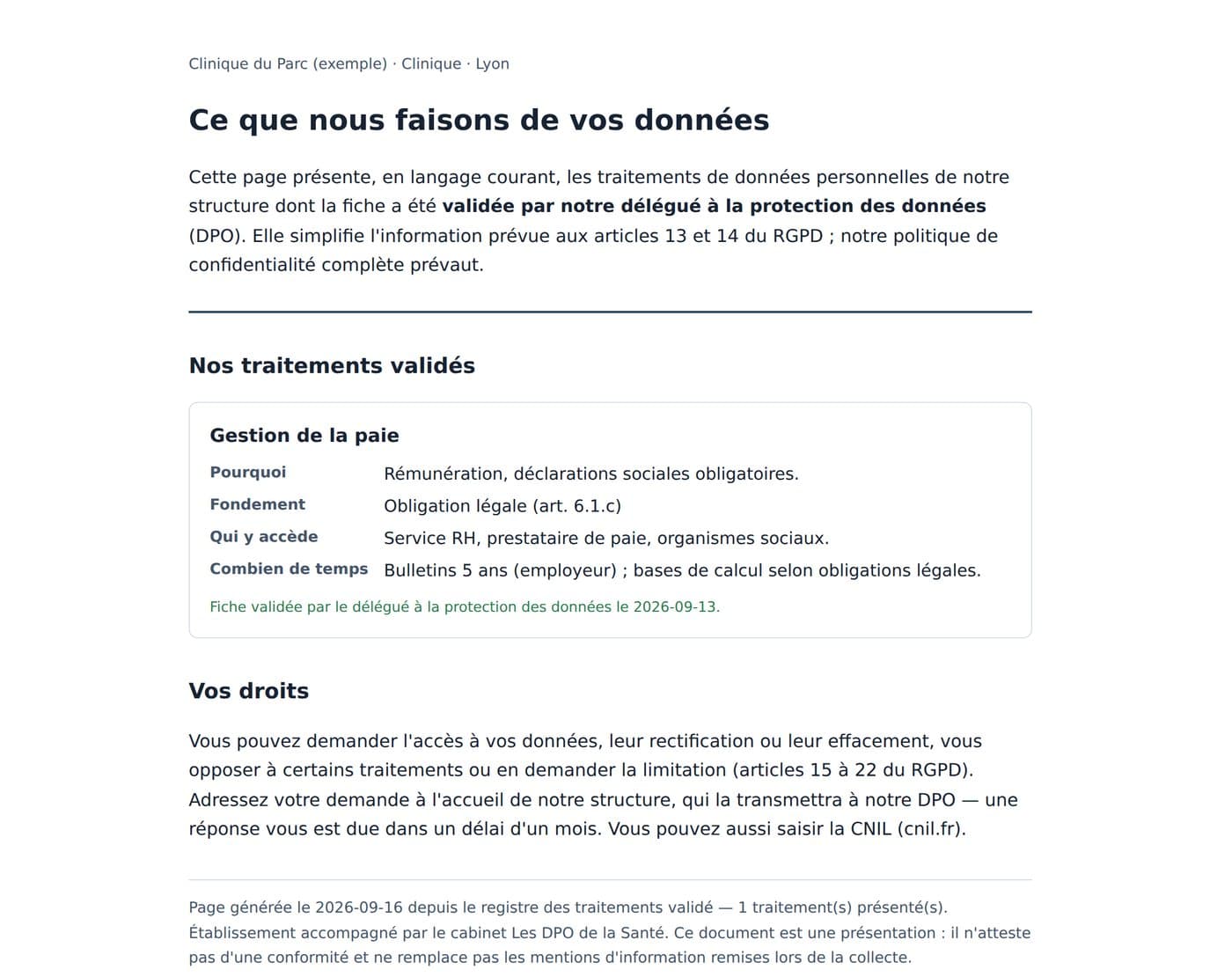 Page publique de transparence « Ce que nous faisons de vos données », générée uniquement depuis les fiches validées par le DPO