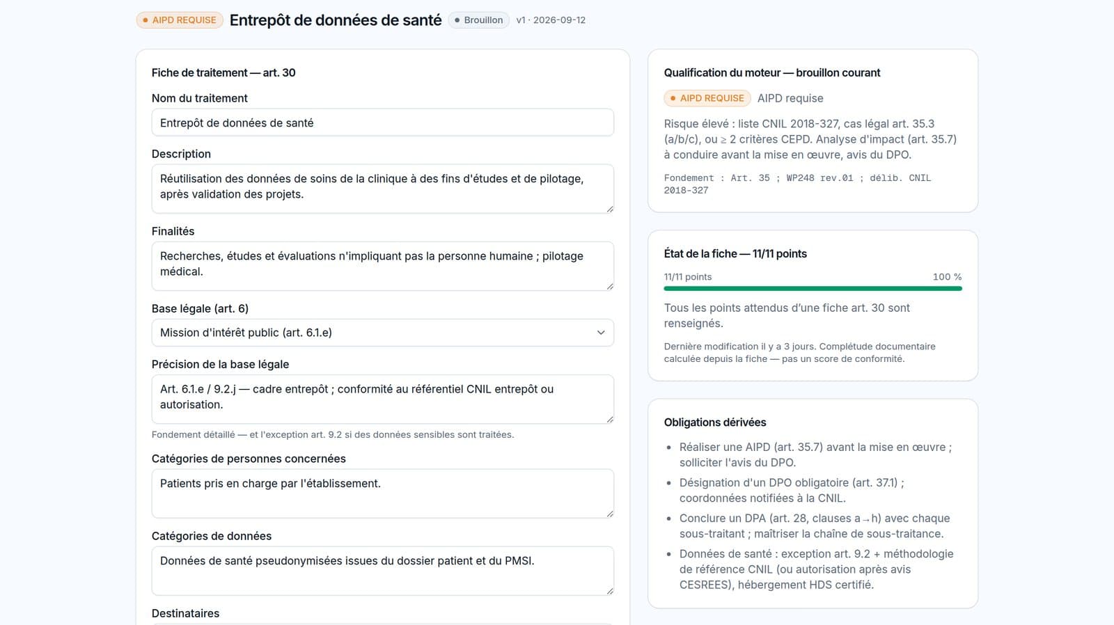 Écran de qualification d'un traitement : régime « AIPD requise » dérivé par le moteur de règles, fondements juridiques affichés (art. 35, WP248, délibération CNIL 2018-327), obligations dérivées
