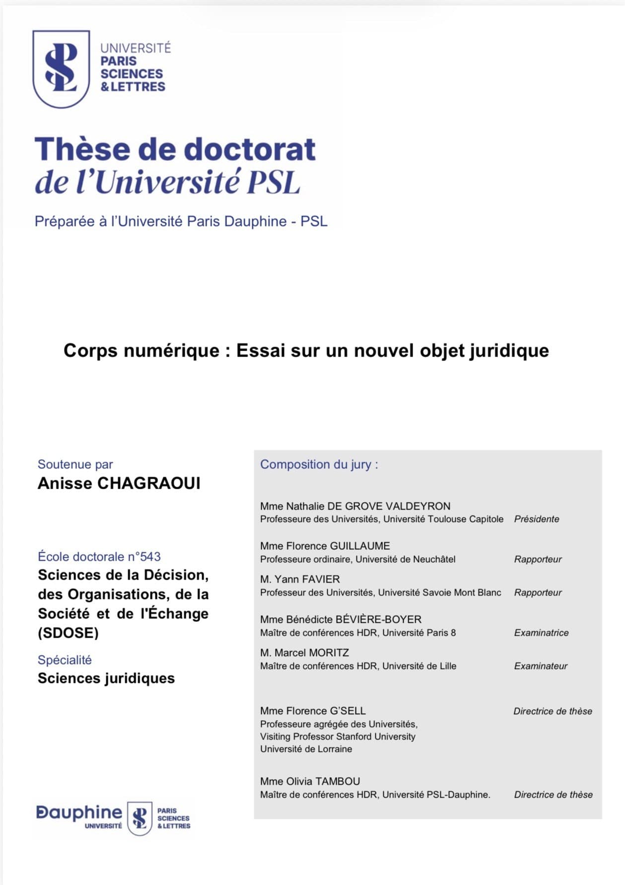 Couverture — Corps numérique : essai sur un nouvel objet juridique