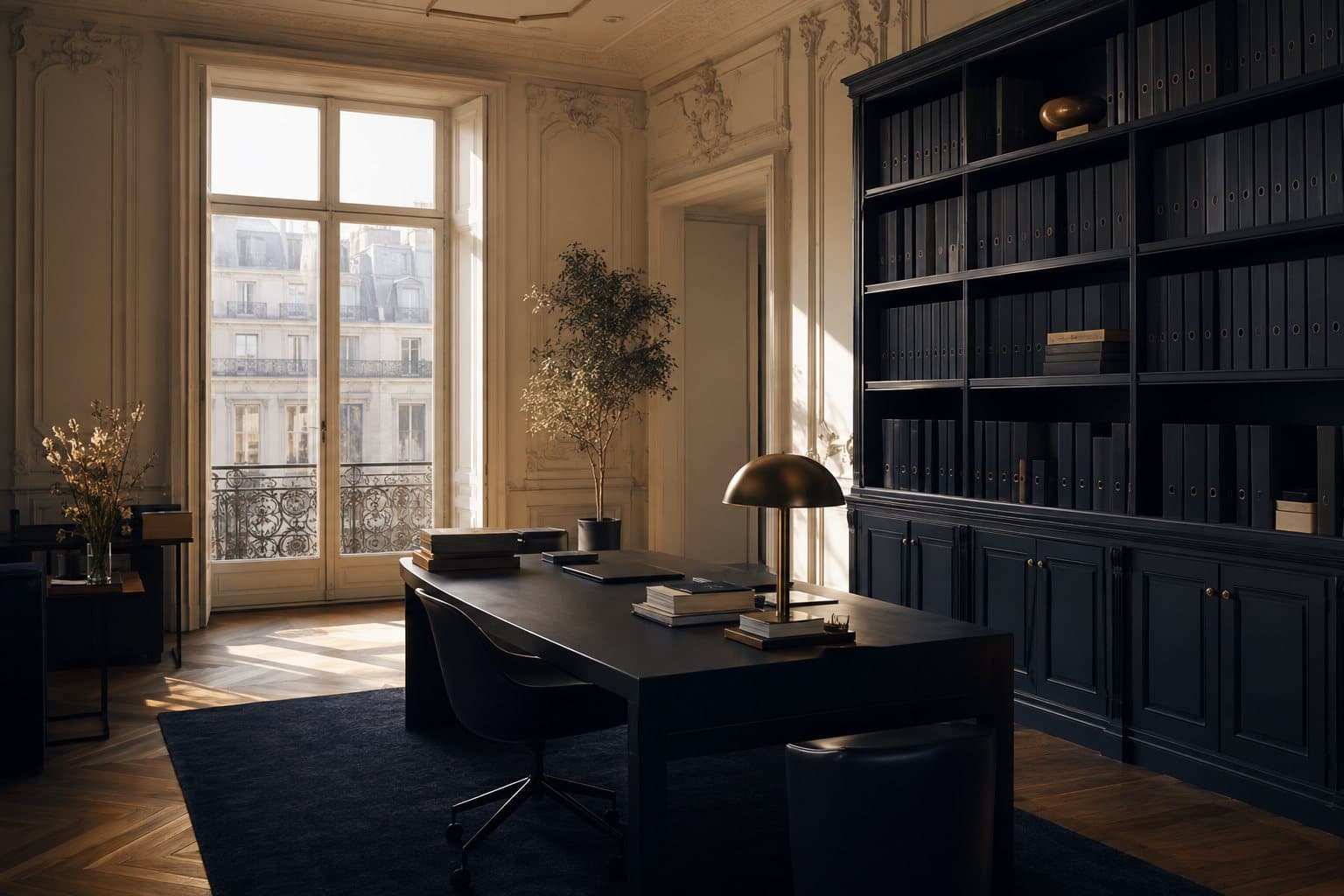 Bureau haussmannien élégant avec bibliothèque de dossiers bleu nuit